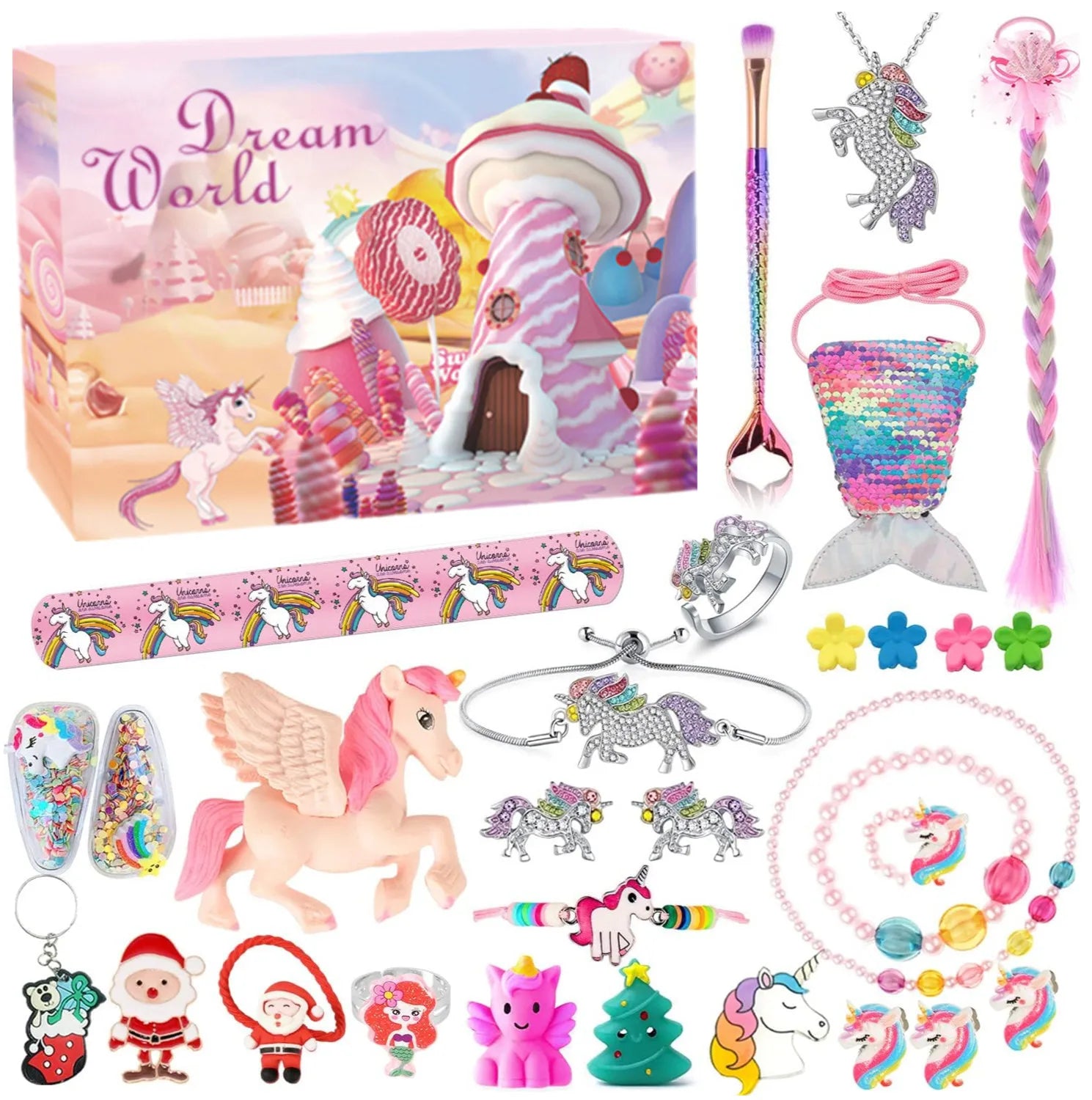 HKM-894163 Unicorn Themed Christmas Countdown Advent Calendar Box with Jewelry, Makeup, and Toy Sets
