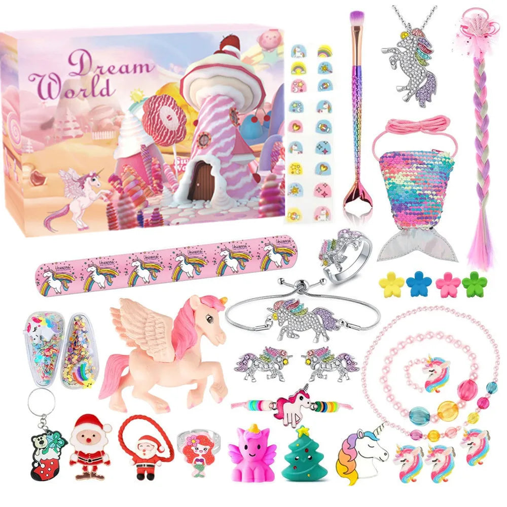 HKM-894163 Unicorn Themed Christmas Countdown Advent Calendar Box with Jewelry, Makeup, and Toy Sets