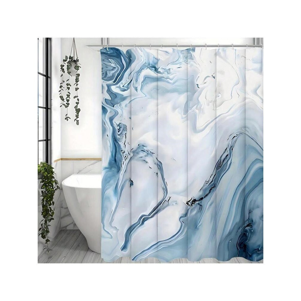 KTX-894291 Blue Marble Modern Shower Curtain with Coordinating Bath Mat and Floor Cover Set, 180x180 cm