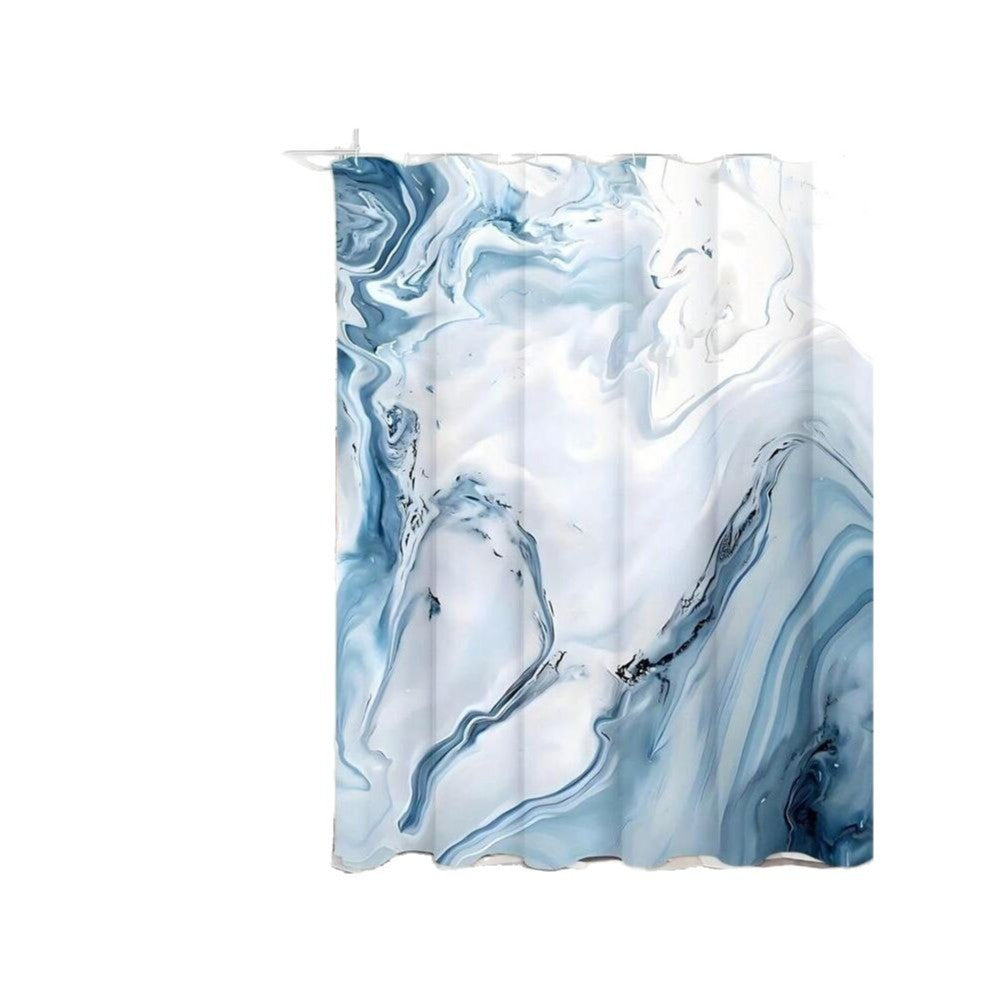 KTX-894291 Blue Marble Modern Shower Curtain with Coordinating Bath Mat and Floor Cover Set, 180x180 cm