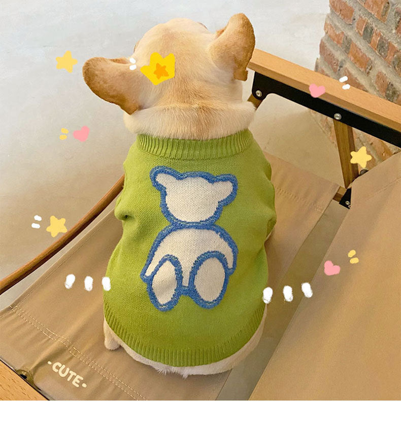 HKM-894355 Cozy Autumn-Winter Blue Bear Sweater for Pugs and Corgis