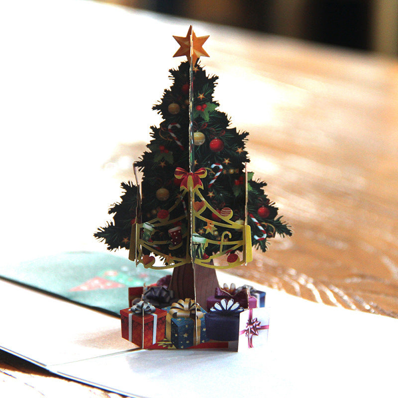 HKM-894355 Three-Dimensional Hollow Carved Christmas Tree Greeting Card - 15x15cm