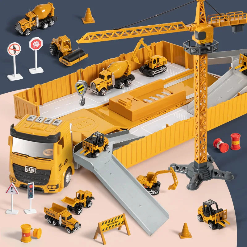 HKM-894995 Inertia Alloy Diecast Transport Trailer Truck Toy Set for Kids, 1:14 Scale Metal Engineering Vehicle, Ages 3+