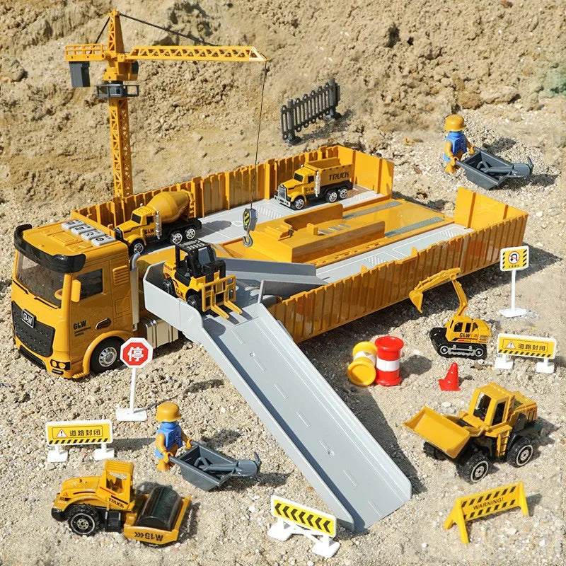HKM-894995 Inertia Alloy Diecast Transport Trailer Truck Toy Set for Kids, 1:14 Scale Metal Engineering Vehicle, Ages 3+