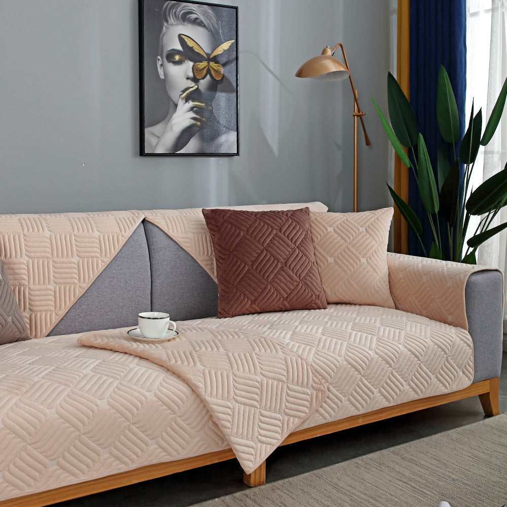 HKM-895059 Thick Plush Sofa Cushion Cover for Autumn and Winter, Non-Slip Polyester Fabric
