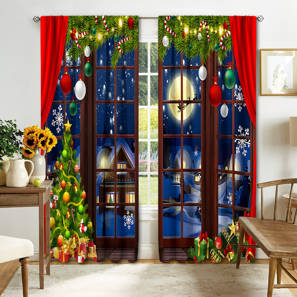HKM-895443 Digital Printed Christmas Curtains - High Shading, Polyester, Multiple Designs and Sizes Available