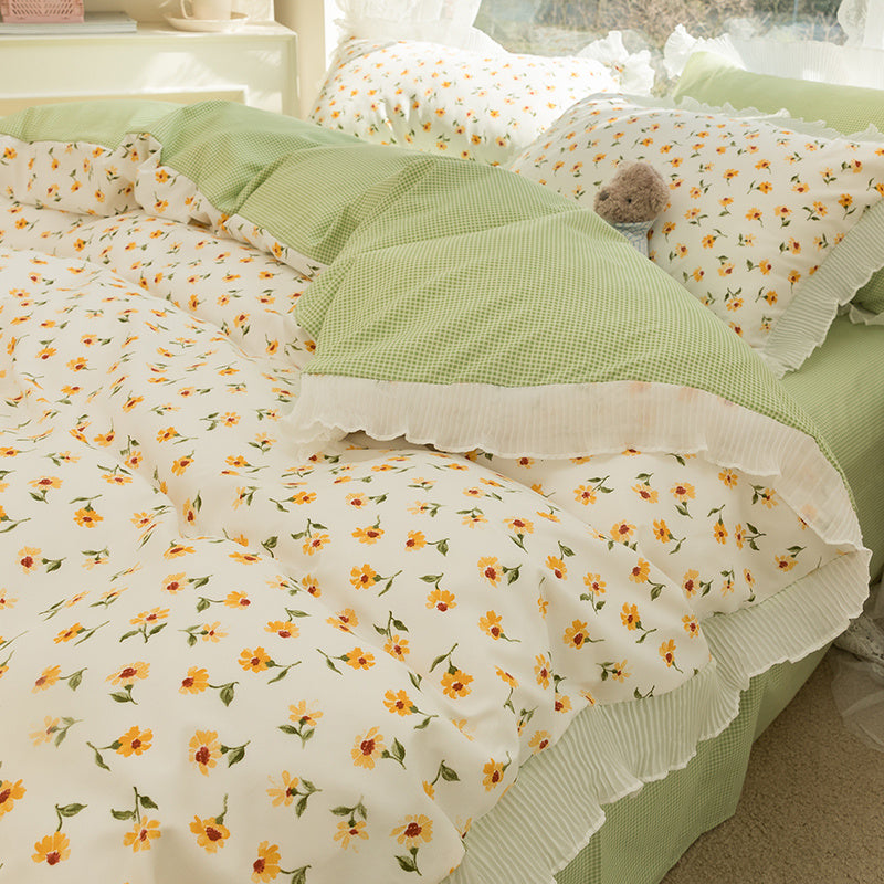HKM-895891 Washed Cotton Floral Quilt Cover Set - 4-Piece Bed Sheet Set in Various Colors