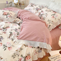 HKM-895891 Washed Cotton Floral Quilt Cover Set - 4-Piece Bed Sheet Set in Various Colors