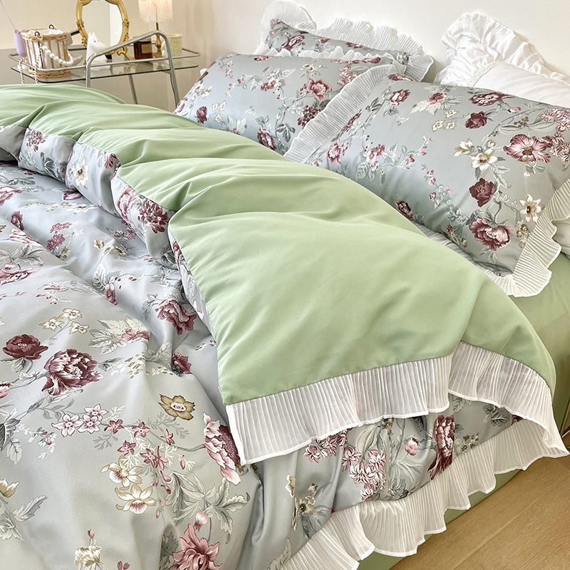 HKM-895891 Washed Cotton Floral Quilt Cover Set - 4-Piece Bed Sheet Set in Various Colors