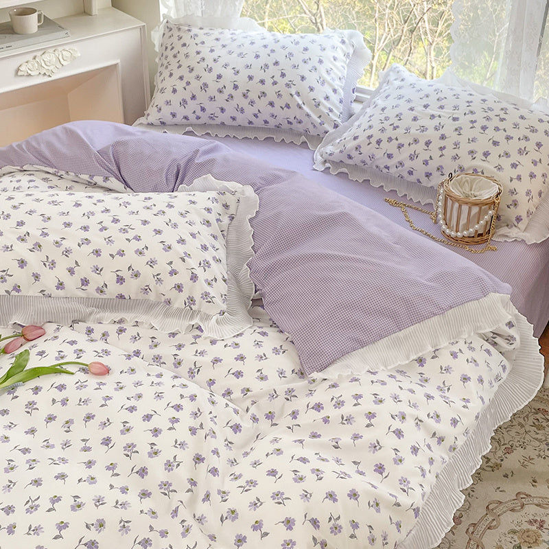 HKM-895891 Washed Cotton Floral Quilt Cover Set - 4-Piece Bed Sheet Set in Various Colors