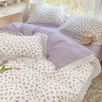 HKM-895891 Washed Cotton Floral Quilt Cover Set - 4-Piece Bed Sheet Set in Various Colors