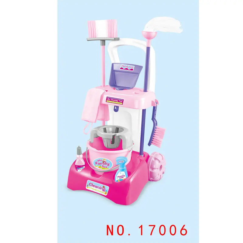 KTX-896147 Cleaning Cart Pretend Play Set with Duster, Cloth, and Brush for Educational Fun Ages 3+
