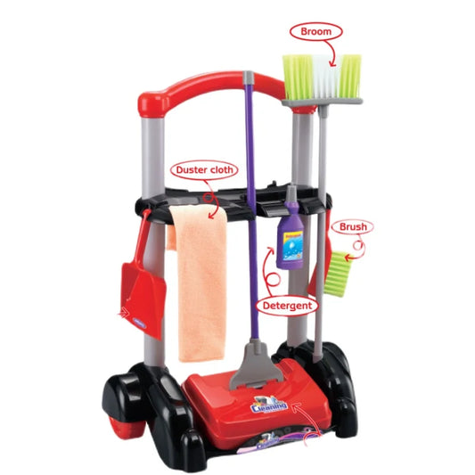 KTX-896147 Cleaning Cart Pretend Play Set with Duster, Cloth, and Brush for Educational Fun Ages 3+