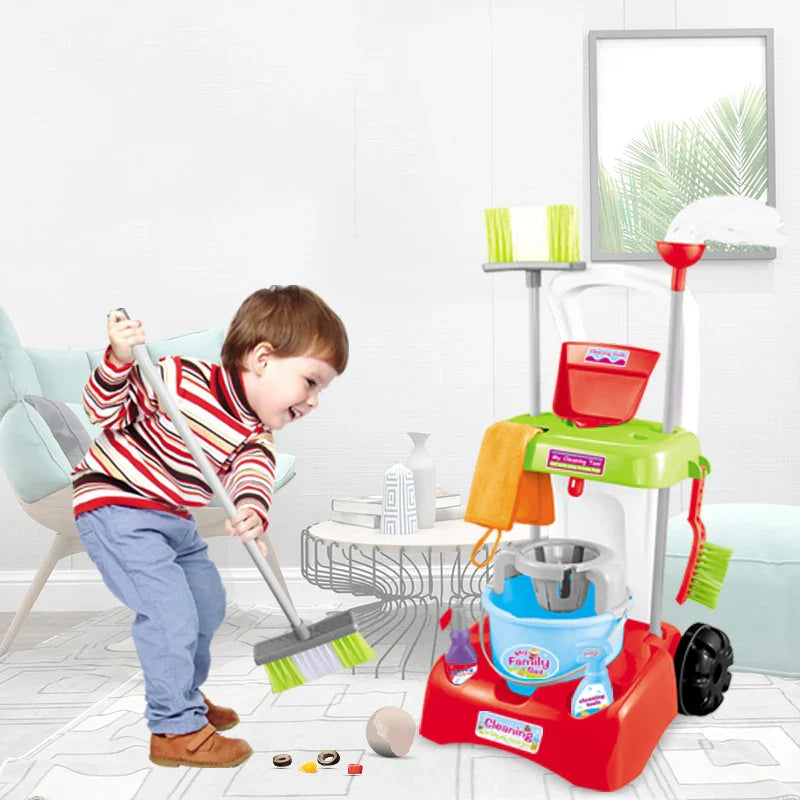 KTX-896147 Cleaning Cart Pretend Play Set with Duster, Cloth, and Brush for Educational Fun Ages 3+