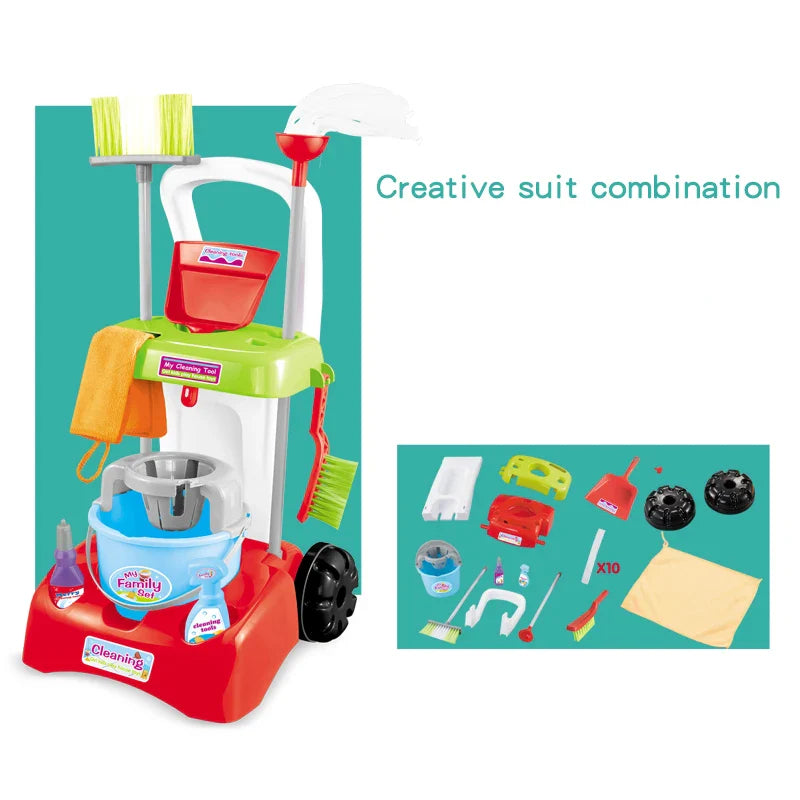 KTX-896147 Cleaning Cart Pretend Play Set with Duster, Cloth, and Brush for Educational Fun Ages 3+