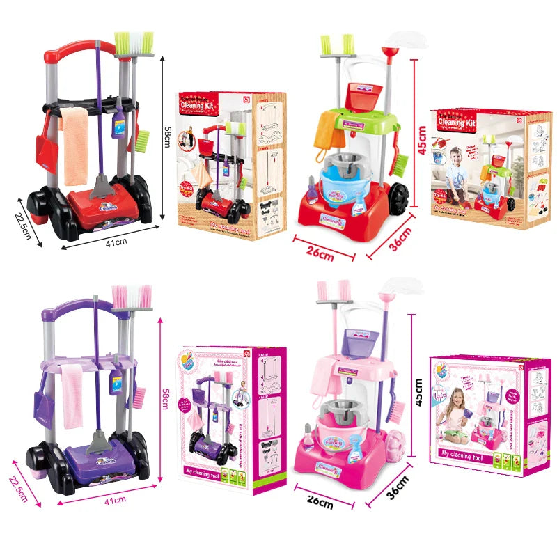 KTX-896147 Cleaning Cart Pretend Play Set with Duster, Cloth, and Brush for Educational Fun Ages 3+