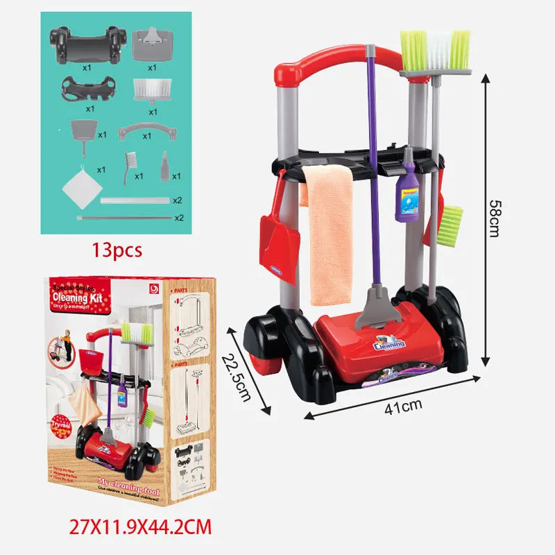 KTX-896147 Cleaning Cart Pretend Play Set with Duster, Cloth, and Brush for Educational Fun Ages 3+