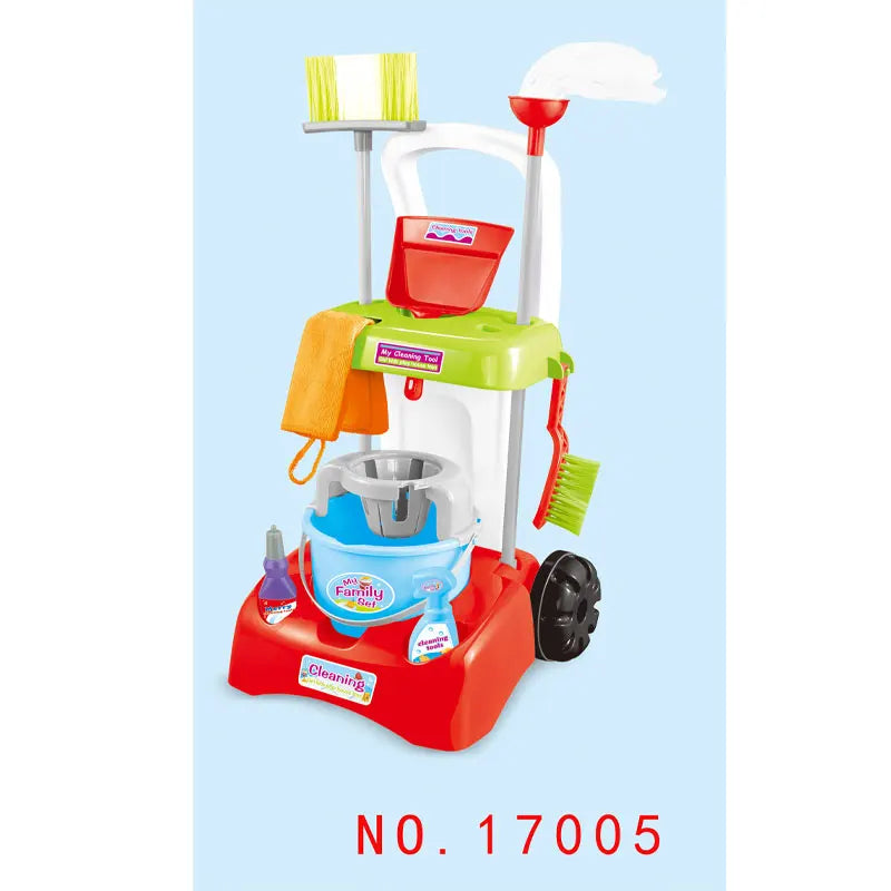 KTX-896147 Cleaning Cart Pretend Play Set with Duster, Cloth, and Brush for Educational Fun Ages 3+
