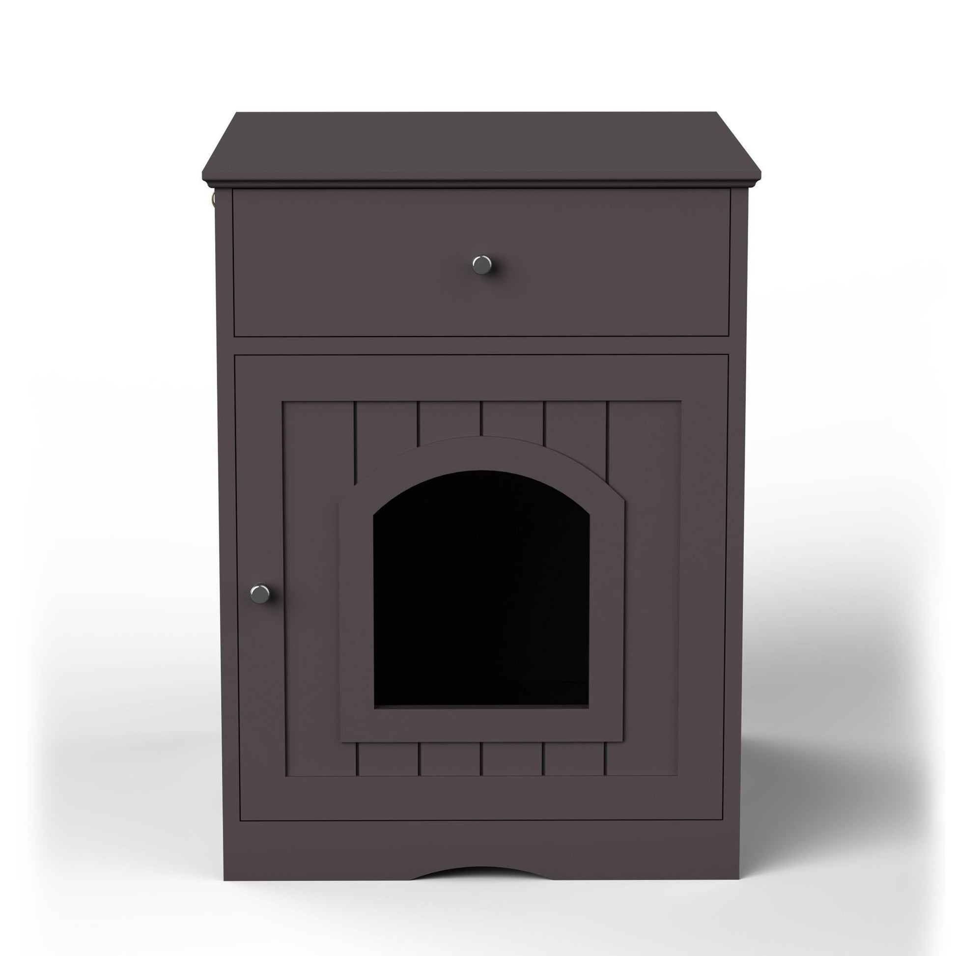 HKM-897043 Indoor Wooden Cat Litter Box Enclosure with Drawer and Side Table, Pet Crate Nightstand (Brown)
