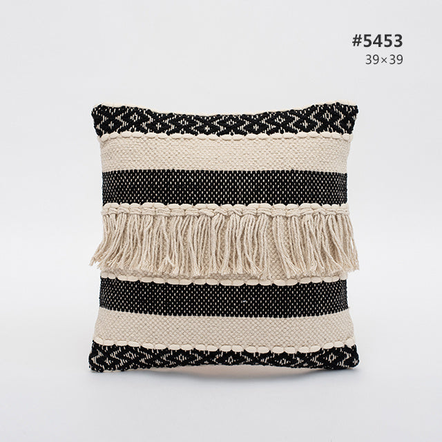 HKM-897107 Cotton Knitting Tassel Stripe Pillow Cover for Bedroom Decor - 50×30cm, 44×44cm, 39×39cm