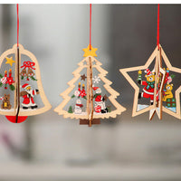 HKM-897171 Wooden Christmas Tree Pendant Set - Five-Pointed Star, Bell, Red Snowflake, and More