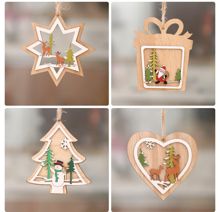 HKM-897171 Wooden Christmas Tree Pendant Set - Five-Pointed Star, Bell, Red Snowflake, and More