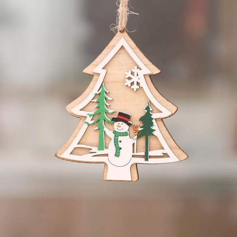 HKM-897171 Wooden Christmas Tree Pendant Set - Five-Pointed Star, Bell, Red Snowflake, and More