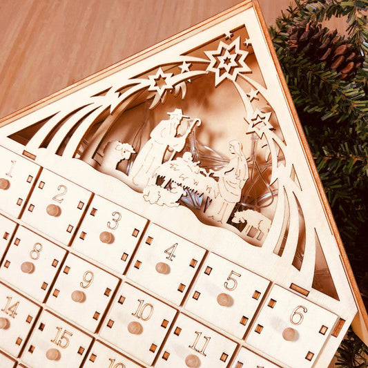 HKM-897811 DIY Wooden Christmas Calendar Gift Box - Basswood Decoration, 38x30x5cm, Carved Design