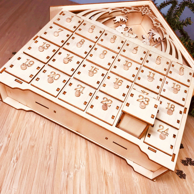 HKM-897811 DIY Wooden Christmas Calendar Gift Box - Basswood Decoration, 38x30x5cm, Carved Design
