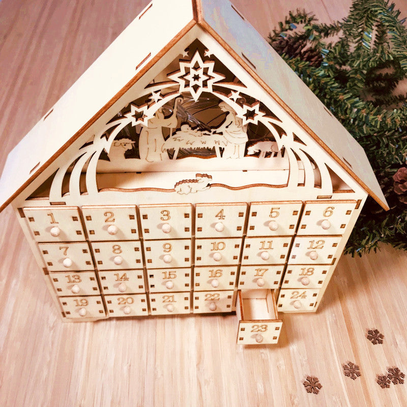 HKM-897811 DIY Wooden Christmas Calendar Gift Box - Basswood Decoration, 38x30x5cm, Carved Design