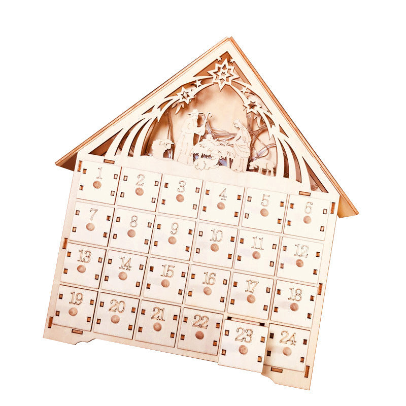 HKM-897811 DIY Wooden Christmas Calendar Gift Box - Basswood Decoration, 38x30x5cm, Carved Design