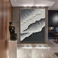 HKM-898131 Hand-Painted Black and White Sea Wave Abstract Oil Painting on Canvas for Modern Home Decor