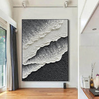 HKM-898131 Hand-Painted Black and White Sea Wave Abstract Oil Painting on Canvas for Modern Home Decor