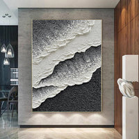 HKM-898131 Hand-Painted Black and White Sea Wave Abstract Oil Painting on Canvas for Modern Home Decor
