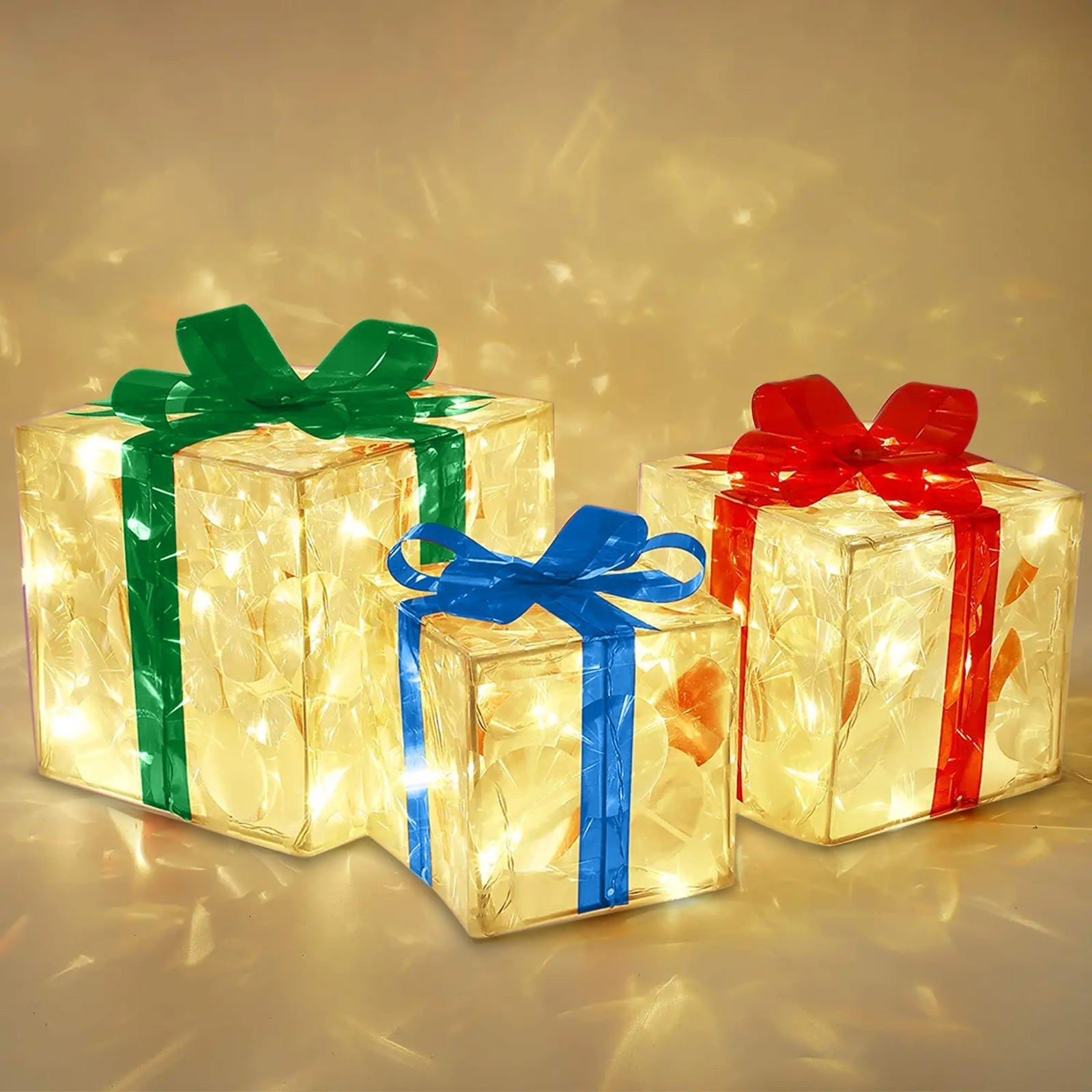 HKM-898323 Glowing Christmas Gift Box Ornament with LED Lights and Bow for Indoor and Outdoor Decoration