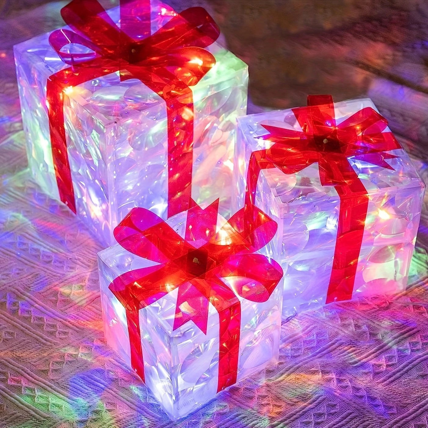 HKM-898323 Glowing Christmas Gift Box Ornament with LED Lights and Bow for Indoor and Outdoor Decoration