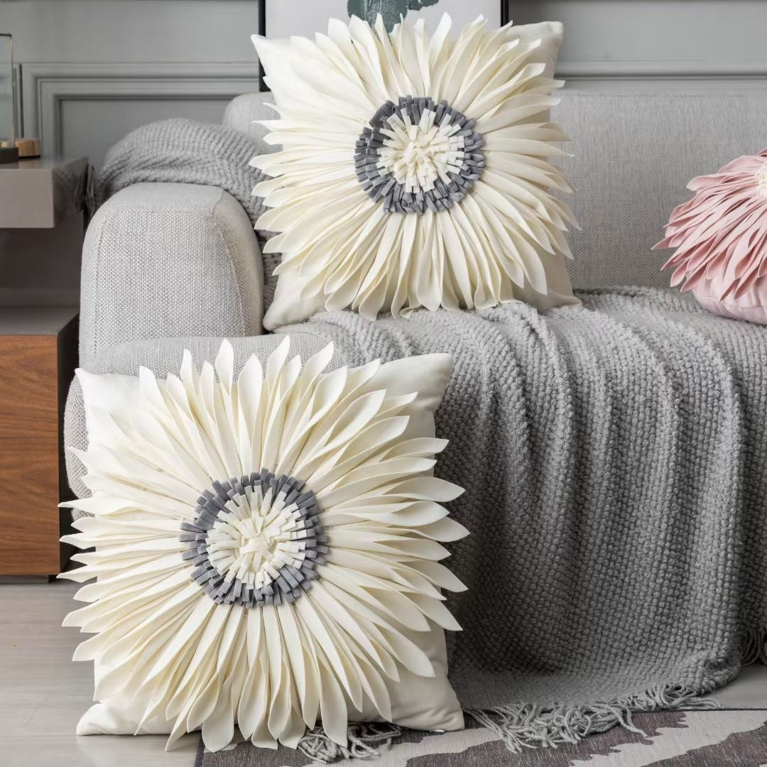 HKM-898579 Velvet 3D Chrysanthemum Decorative Throw Pillow with Fringed Hem - Blue, 45CM x 45CM