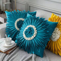 HKM-898579 Velvet 3D Chrysanthemum Decorative Throw Pillow with Fringed Hem - Blue, 45CM x 45CM