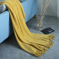 HKM-899027 Solid Color Knitted Fringed Wool Blanket for Sofa - 120x240cm, Available in Pink, Light Gray, Light Blue, Yellow, and Black
