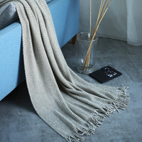 HKM-899027 Solid Color Knitted Fringed Wool Blanket for Sofa - 120x240cm, Available in Pink, Light Gray, Light Blue, Yellow, and Black