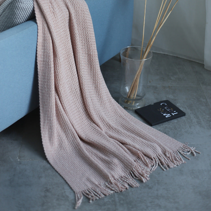 HKM-899027 Solid Color Knitted Fringed Wool Blanket for Sofa - 120x240cm, Available in Pink, Light Gray, Light Blue, Yellow, and Black