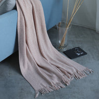 HKM-899027 Solid Color Knitted Fringed Wool Blanket for Sofa - 120x240cm, Available in Pink, Light Gray, Light Blue, Yellow, and Black