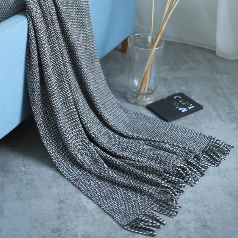 HKM-899027 Solid Color Knitted Fringed Wool Blanket for Sofa - 120x240cm, Available in Pink, Light Gray, Light Blue, Yellow, and Black