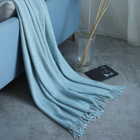 HKM-899027 Solid Color Knitted Fringed Wool Blanket for Sofa - 120x240cm, Available in Pink, Light Gray, Light Blue, Yellow, and Black