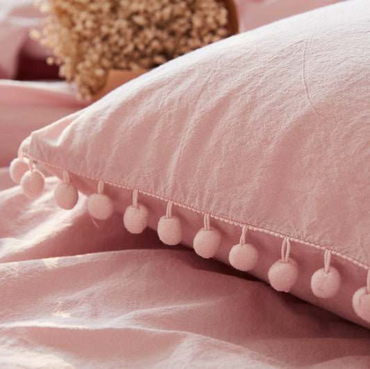 HKM-899667 Japanese-style Cotton Home Textile Bedding Set with Plain Design and Tassel Detail, Available for Various Bed Sizes