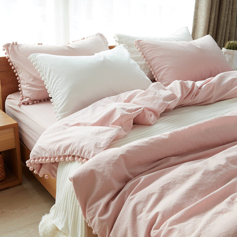 HKM-899667 Japanese-style Cotton Home Textile Bedding Set with Plain Design and Tassel Detail, Available for Various Bed Sizes