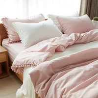 HKM-899667 Japanese-style Cotton Home Textile Bedding Set with Plain Design and Tassel Detail, Available for Various Bed Sizes