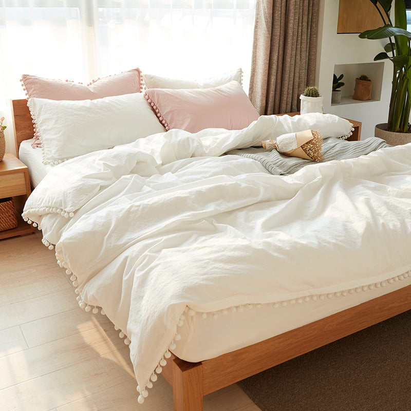 HKM-899667 Japanese-style Cotton Home Textile Bedding Set with Plain Design and Tassel Detail, Available for Various Bed Sizes