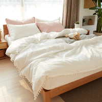 HKM-899667 Japanese-style Cotton Home Textile Bedding Set with Plain Design and Tassel Detail, Available for Various Bed Sizes