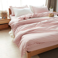 HKM-899667 Japanese-style Cotton Home Textile Bedding Set with Plain Design and Tassel Detail, Available for Various Bed Sizes